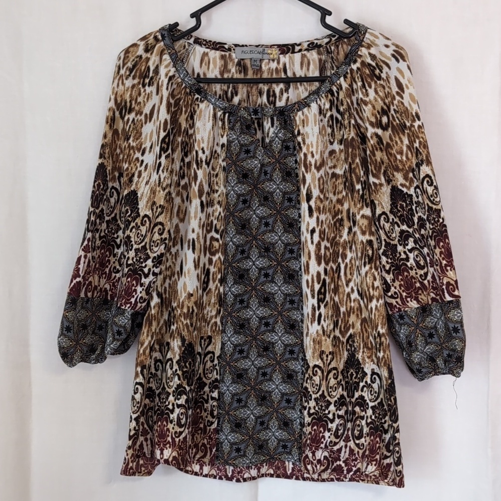 Figueroa and Flower Leopard Block Pattern Studded Front Blouse Size Medium